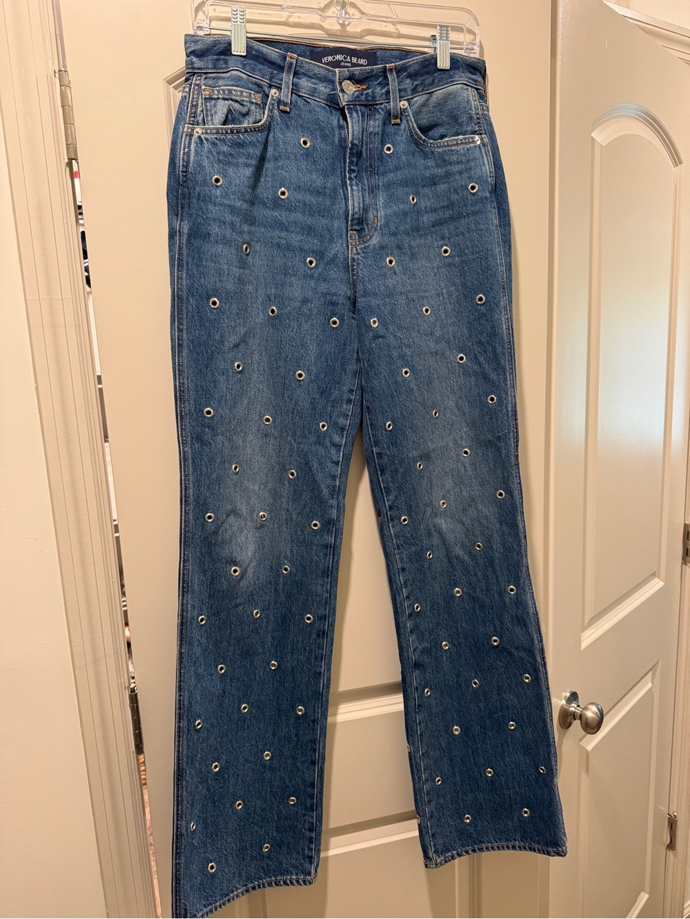 Veronica Beard Dylan Eyelet-Embellished High-Rise Straight-Leg Jeans